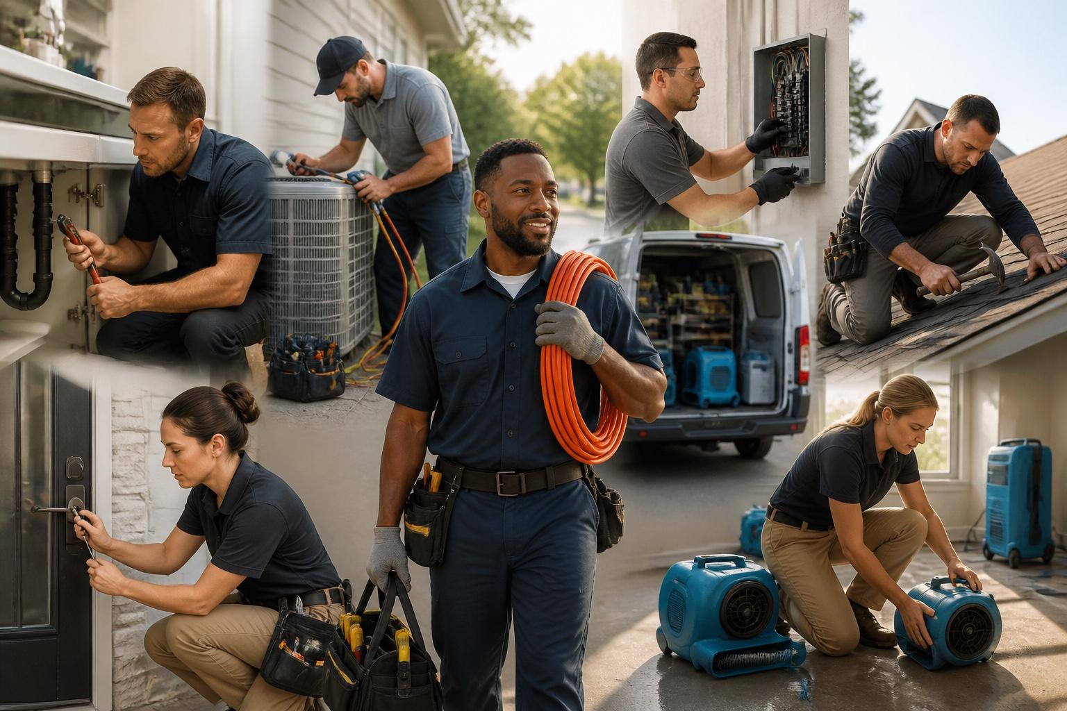 Collage of plumbers, HVAC technicians, electricians, roofers, locksmiths, and restoration workers