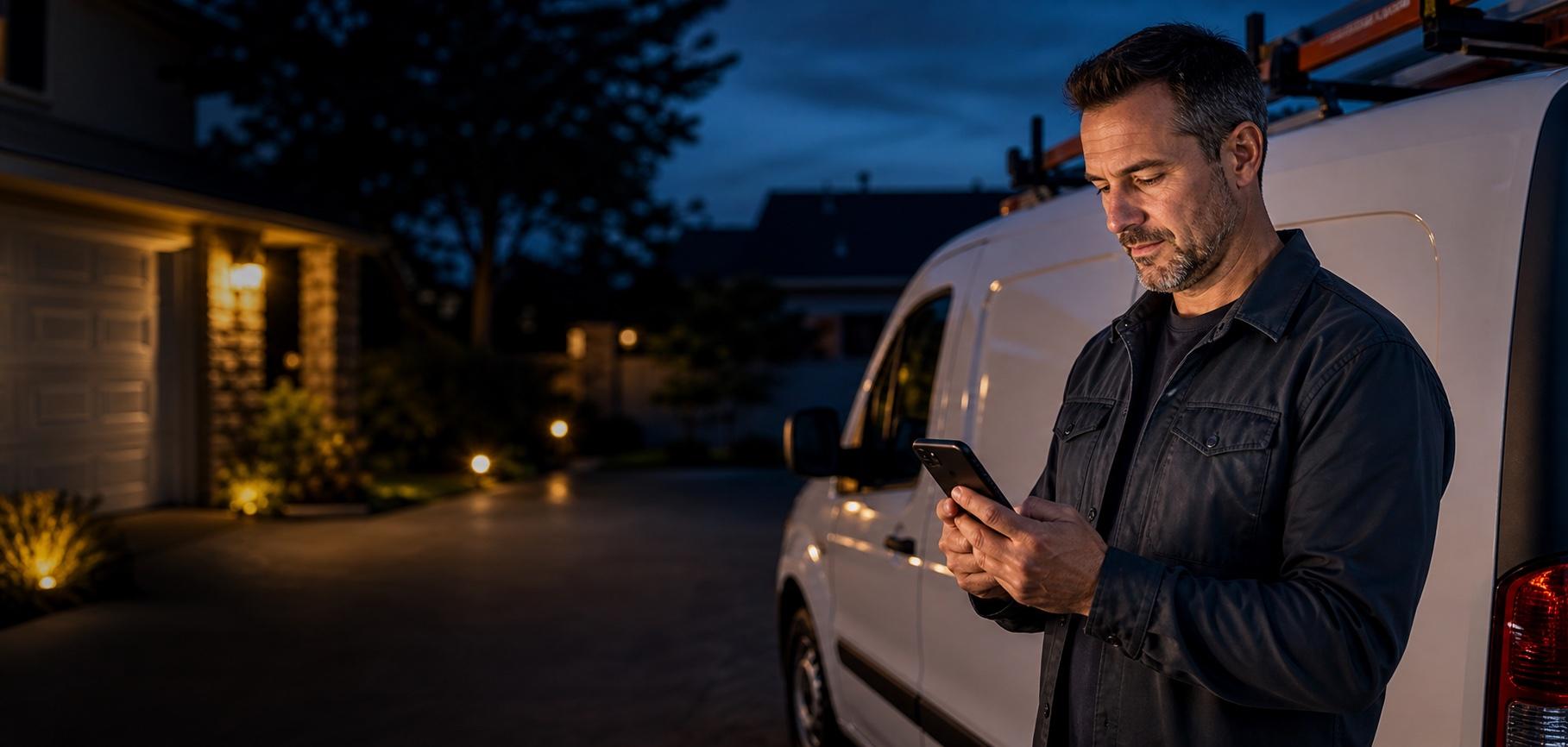 Service business owner reviewing a captured lead on a phone beside a work van